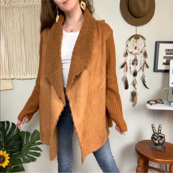 Retrology Sweaters - Retrology Knit Faux Suede Boho Tan Sweater Cardigan Size 1x